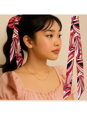 Slim Scarf Pink Black Abstract 34in Silk Satin Neck Hair Bag Ribbon